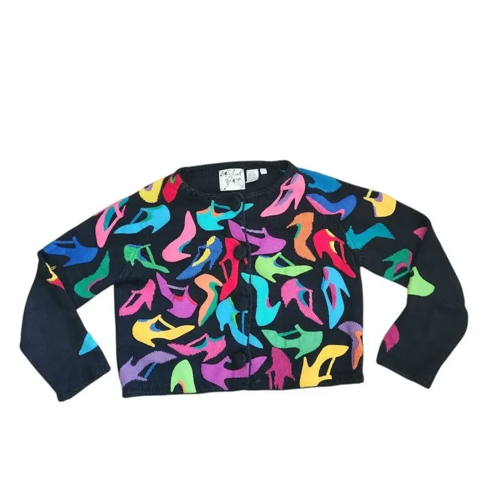 Vintage Michael Simon Sweater Cardigan Small High Heels Pop Art to Wear Embellis - Picture 2 of 5